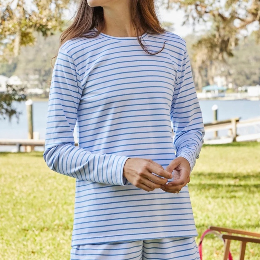LAKE‎ Pima Cotton Baltic Blue Striped Long Sleeve Pajama Shirt Top Medium